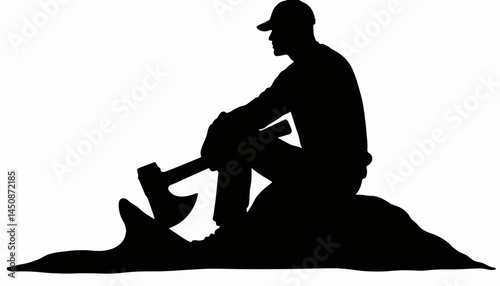 Lumberjack silhouette resting with axe on rock, strength and solitude