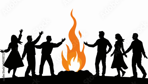 Joyful celebration around bonfire silhouette, festive spirit