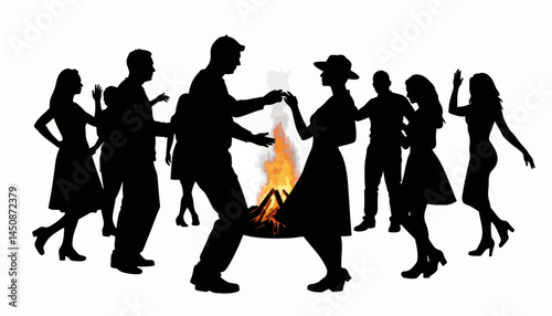 Silhouetted dancers celebrating around bonfire, communal joy