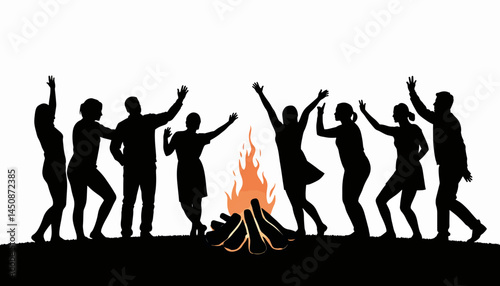 Joyful celebration around bonfire silhouette at night, unity and harmony