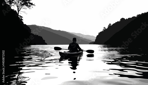 Silhouette of a kayaker paddling on tranquil river, nature's serenity