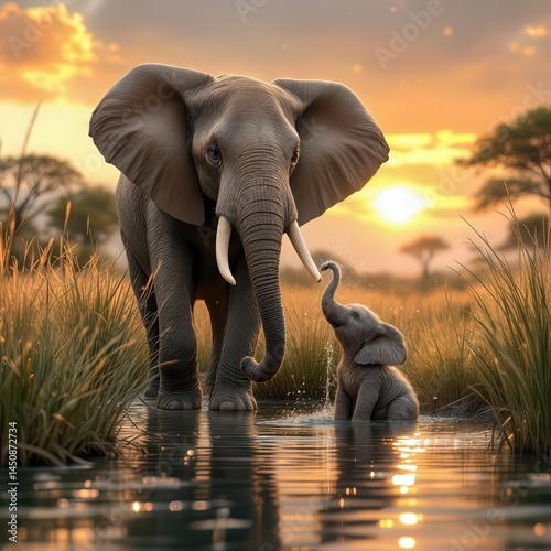 A mother elephant stands in a serene waterhole while a playful baby elephant splashes nearby, all set against a stunning sunset 