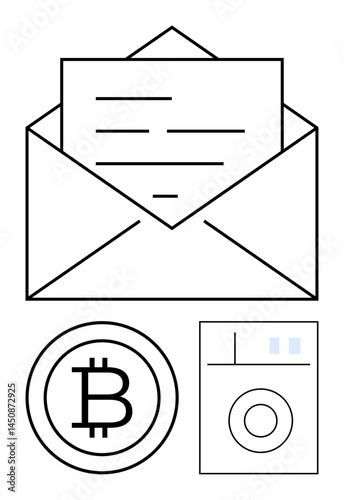 Open envelope with letter, bitcoin sign, and washing machine outline. Ideal for cryptocurrency trends, money transfer, digital correspondence, blockchain, financial security, fraud flat simple