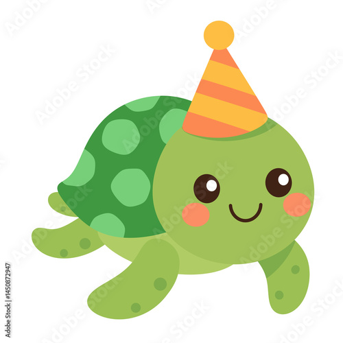 Cute cartoon turtle wearing party hat, isolated on transparent background.