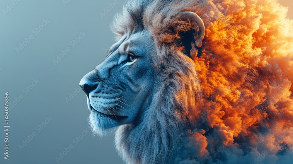 Majestic lion portrait with fiery mane