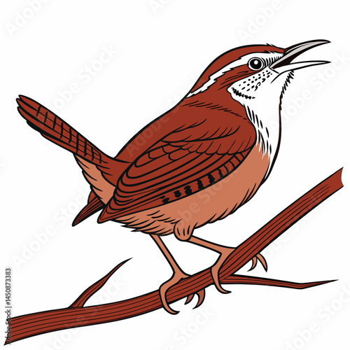 A vibrant Carolina Wren perches in its natural habitat, showcasing its rich chestnut plumage and distinctive white eyebrow stripe—a common sight across America's eastern woodlands.
