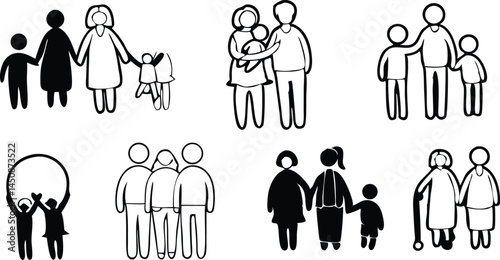 Black silhouette family relationship icon set in vector graphic style for design use