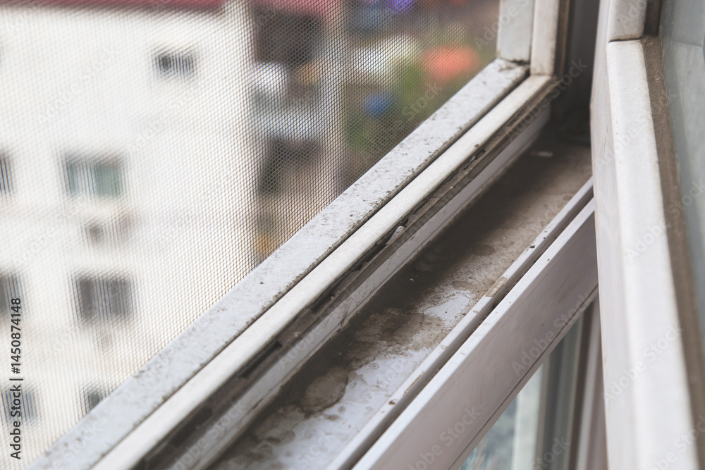 Close-up of a dirty window frame and screen with visible dust and stains, overlooking a cityscape, illustrating the need for cleaning, concept of home hygiene Close-up of a dirty window frame and screen with visible dust and stains, overlooking a cityscape, illustrating the need for cleaning, concept of home hygiene