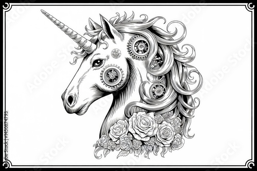 A drawing of a unicorn with horns illustration background and floral wreath