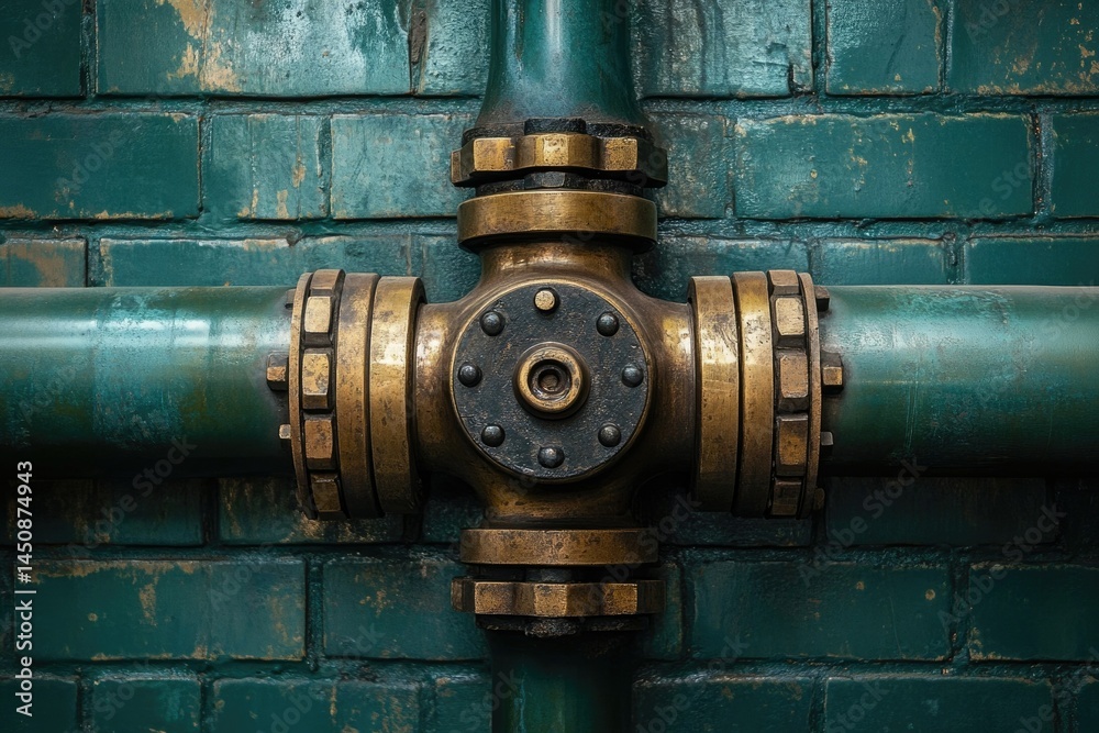 A close-up view of an aged, metallic pipe junction against a teal brick wall. A close-up view of an aged, metallic pipe junction against a teal brick wall.