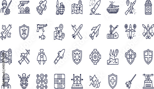 Military, war line icon set. Vector pictograms of soldier, weapon, defense equipment, tank, missiles, grenade, combat gear, battlefield