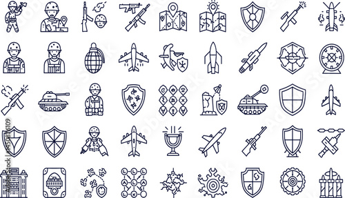 Military, war line icon set. Vector pictograms of soldier, weapon, defense equipment, tank, missiles, grenade, combat gear, battlefield