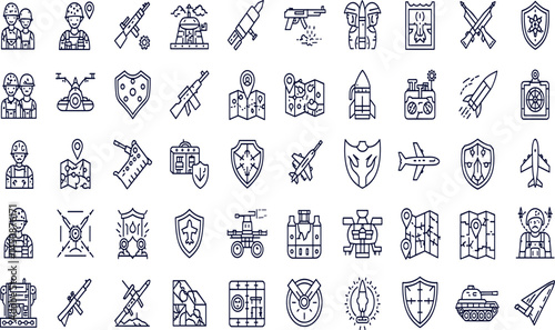 Military, war line icon set. Vector pictograms of soldier, weapon, defense equipment, tank, missiles, grenade, combat gear, battlefield