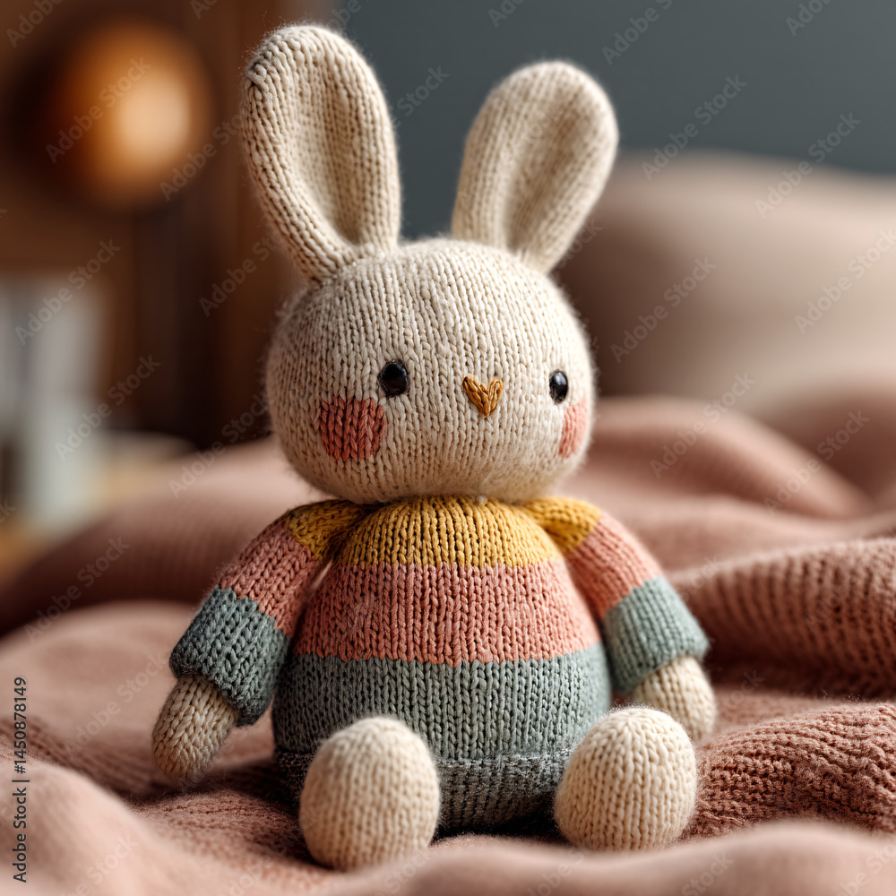 Fototapeta premium handmade plush toy in pastel colors closeup of stuffed bear or bunny on soft fabric surface in cozy indoor setting baby room nursery comfort yarn wool knit cute cuddly textile doll