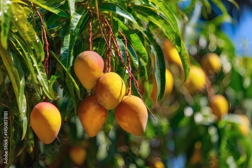Juicy ripe mangoes hanging from the tree branch in the sunlight, ready to be harvested