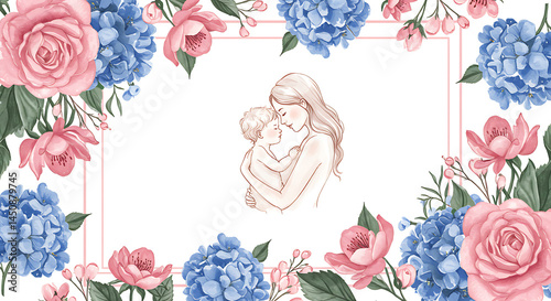 Watercolor Illustration of a mother holding her child within a floral frame, evoking warmth, love, and family connection.