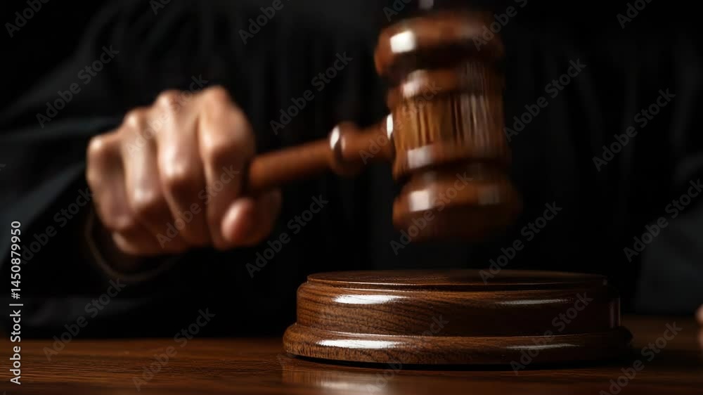 Wooden gavel strikes soundly in a courtroom setting, emphasizing authority and justice during proceedings