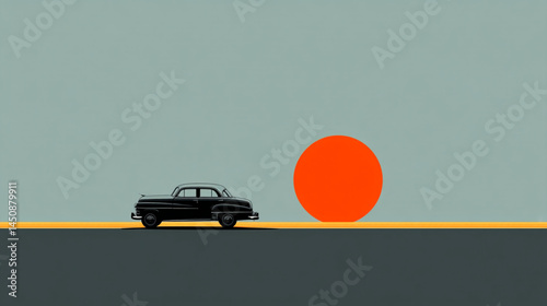 Vintage car driving into sunset illustration retro automobile transportation graphic design art 95