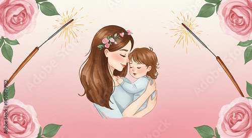A loving illustration of a mother holding her child surrounded by flowers and sparklers, perfect for celebrating family connections.