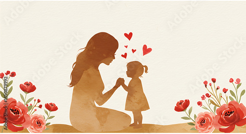 Watercolor silhouette art of a mother and child sharing love and affection, surrounded by flowers, showing family connection.