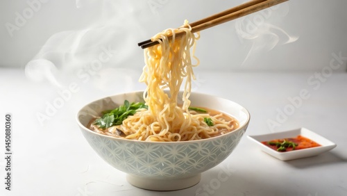 Hot Steaming Ramen Bowl with Noodles Lifted by Chopsticks – Asian Noodle Soup on White Background
