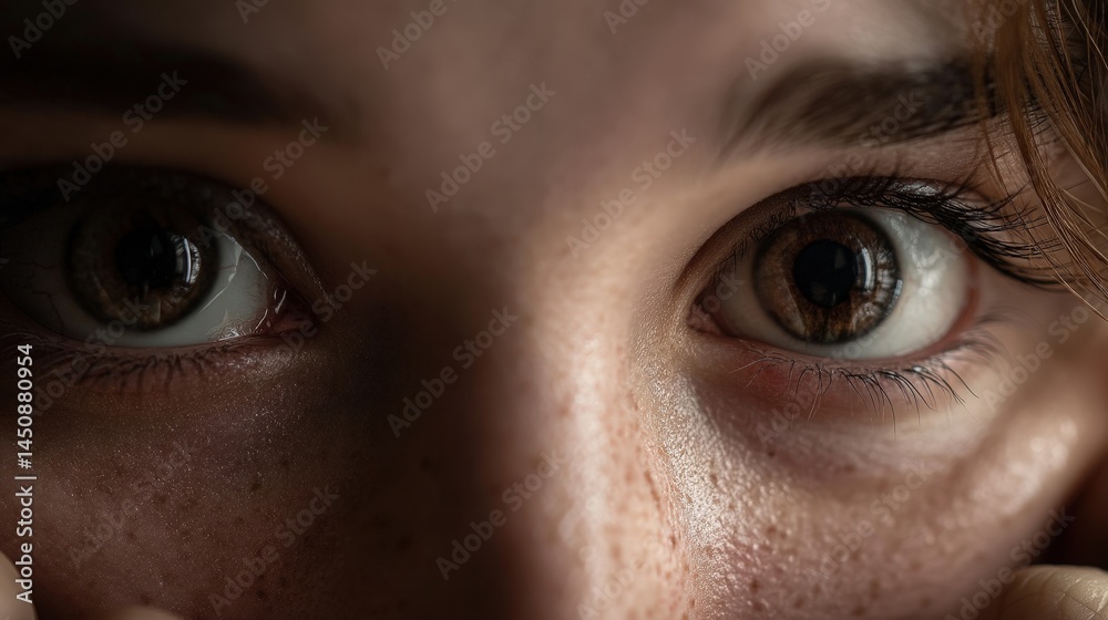 Fototapeta premium Anxiety in eyes before first standard classroom photograph school close-up realistic emotion