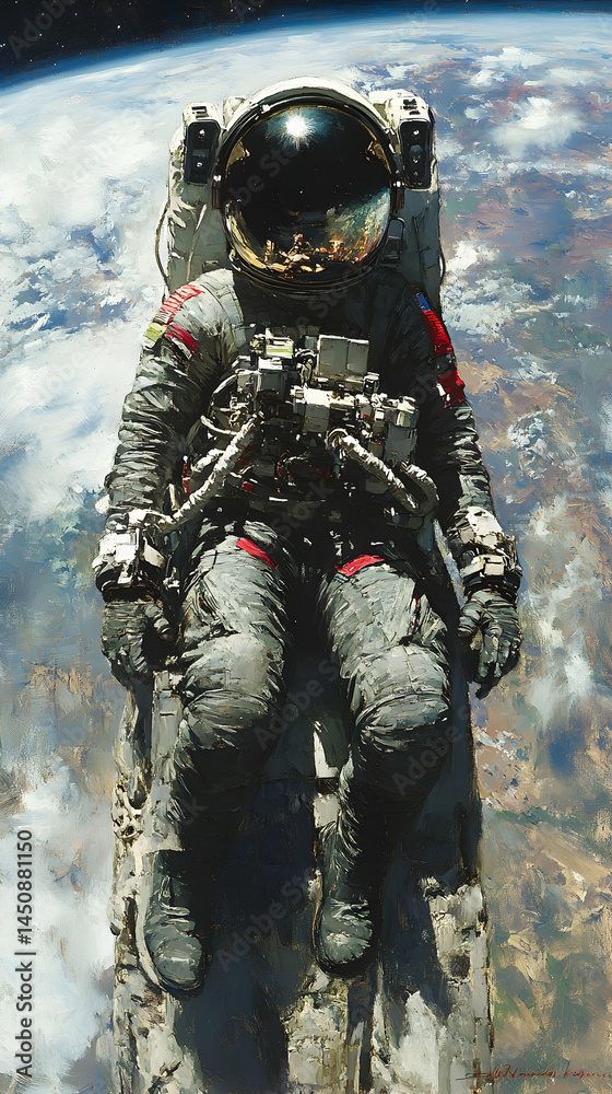 Fototapeta premium Astronaut in space suit, seated, overlooking Earth