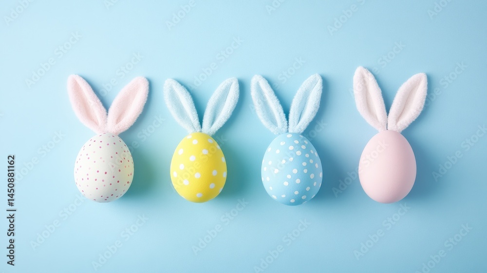 Easter party concept. Top view photo of easter bunny ears white pink blue and yellow eggs on isolated pastel blue background with copyspace in the middle Easter party concept. Top view photo of easter bunny ears white pink blue and yellow eggs on isolated pastel blue background with copyspace in the middle