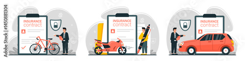 Collection of vehicle insurance scene. Characters buying car, bicycle and motorbike insurance policy with full coverage and protection. Insured persons and transport property. Vector illustration.