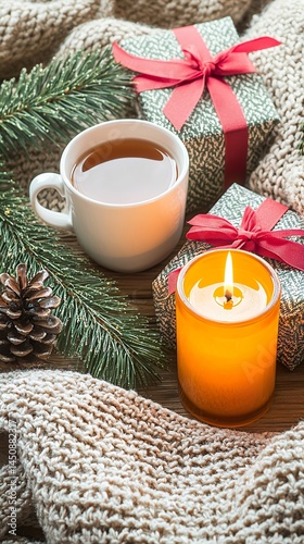 Inviting winter scene with warm beverage, glowing candle and gifts for holidays
