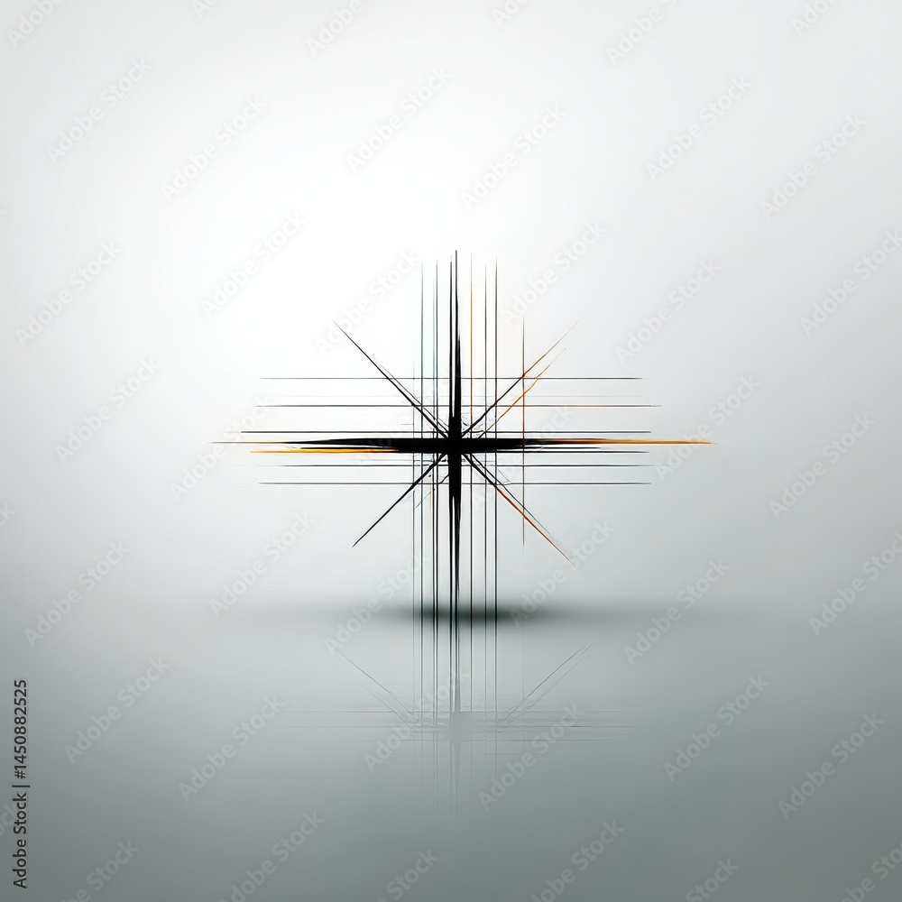Fototapeta premium Abstract Linear Cross with Reflection on White, Minimalist Composition