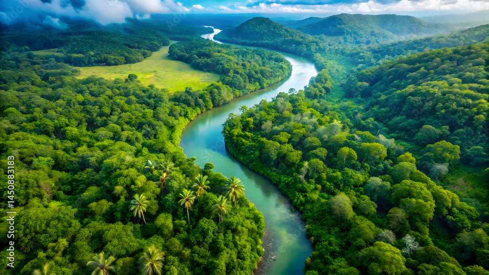 Aerial view captures a winding road through a green mountain landscape with trees under the vast sky Aerial view captures a winding road through a green mountain landscape with trees under the vast sky