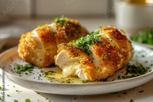 Classic Chicken Kiev Topped with Melted Garlic Herb Butter Drizzling onto White Plate, Close-Up