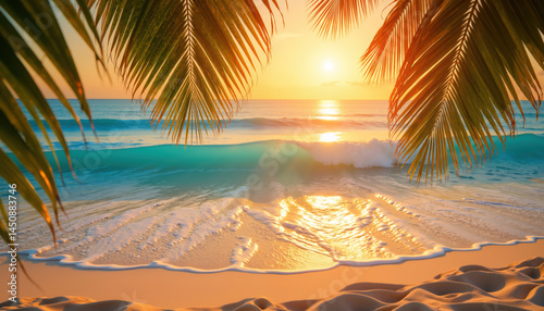 A serene tropical beach at sunset, featuring golden sands, turquoise waves, and palm trees silhouetted against the setting sun.