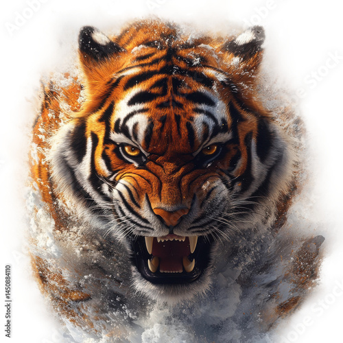 Fierce tiger charging through snowy landscape wildlife photography. Isolated on transparent background, png.