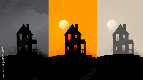 House silhouette art print, haunted house poster, spooky house wall decor, halloween house image
