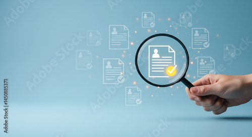 Hand holding magnifying glass over document with check mark on blue background with document icons gradient, abstract, glassy, blur, colorful, frosted, background, holographic photo