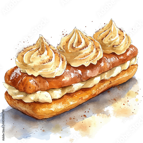 watercolor of Delicate Eclair Filled With Cream, vector, isolated on a white background.