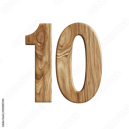 Top ten wooden number displays home decor rustic style close-up. Isolated on transparent background, png.