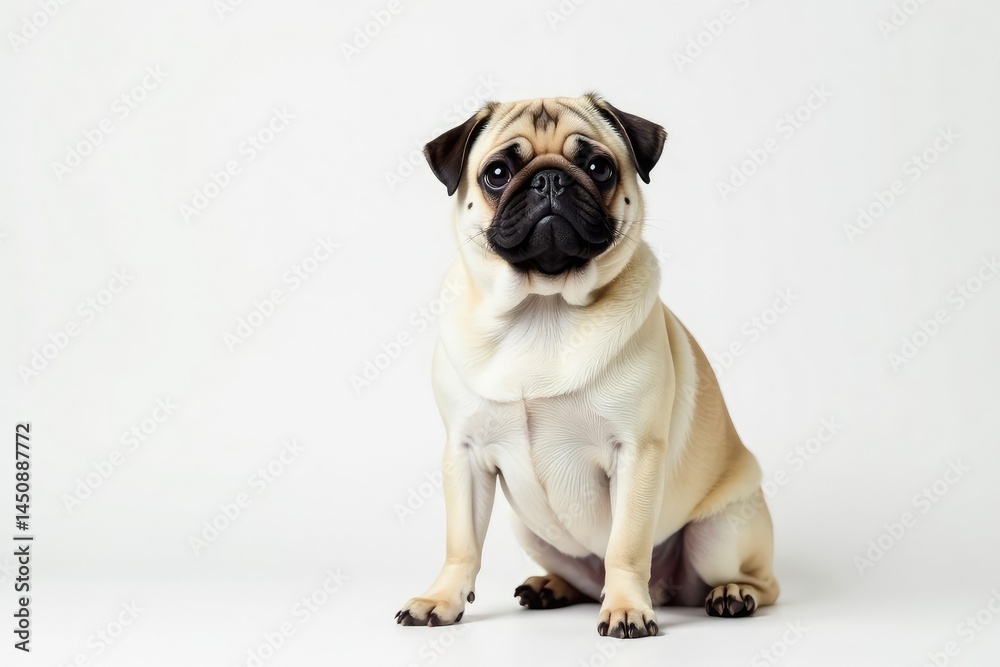 Adorable pug dog sits alone, white background, short-nosed, flat-faced Adorable pug dog sits alone, white background, short-nosed, flat-faced