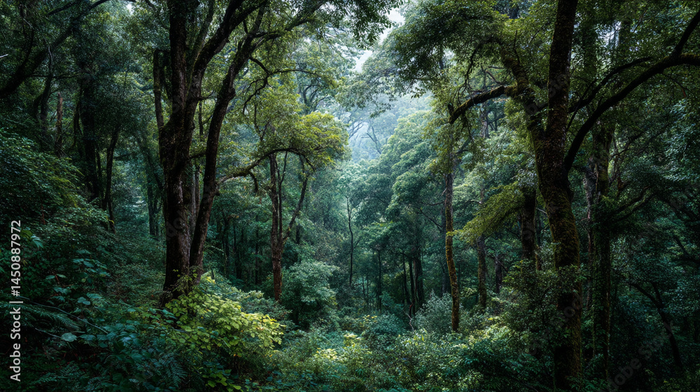 Obraz premium Lush green forest filled with tall trees and dense foliage during early morning light