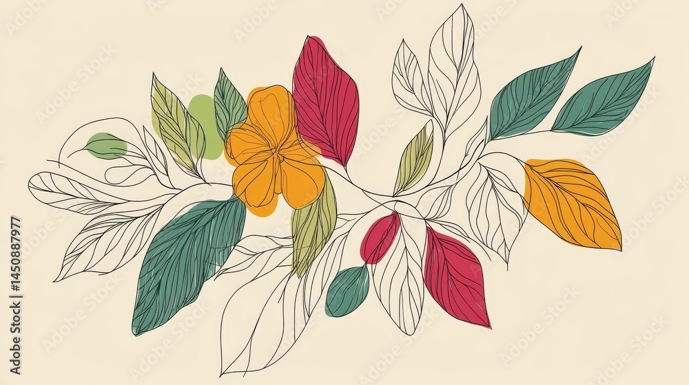 Obraz premium Botanical arts. Hand drawn continuous line drawing of abstract flower, floral, rose, tropical leaves, spring and autumn leaf, bouquet of olives. Vector illustration. illustration