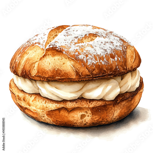 Delicate Eclair Filled With Cream, watercolor vector, isolated on a white background.