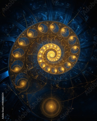 A mesmerizing spiral shape illustration, radiating golden light against a dark background. The intricate design hints at complexity and elegance