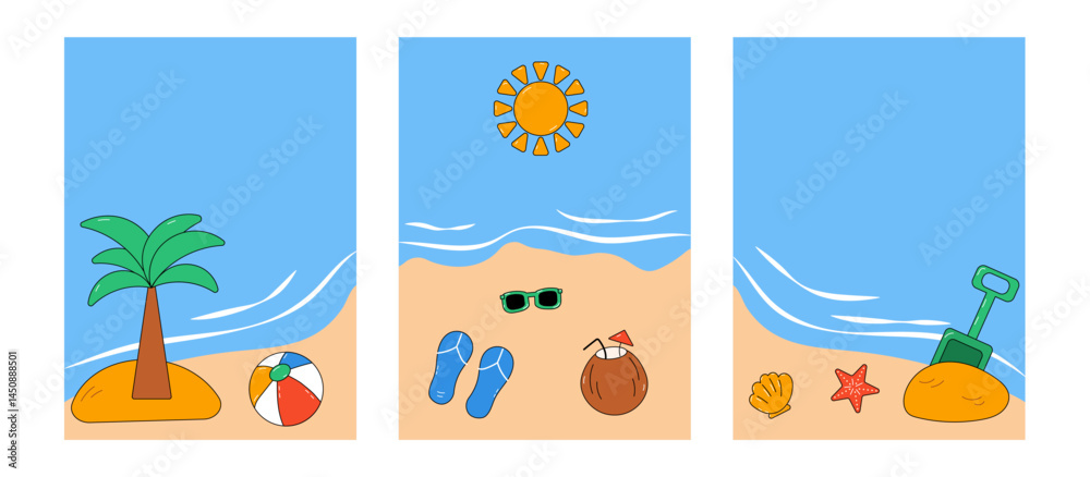 Fototapeta premium Summer set of beach elements and view to the sea