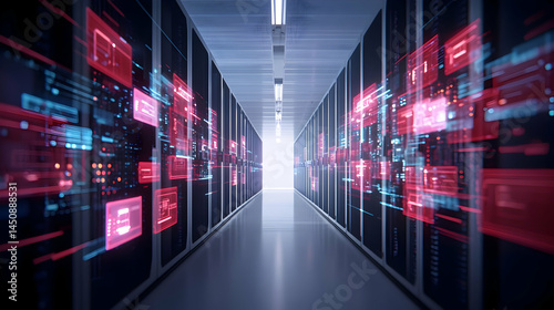 Futuristic Server Room Corridor With Glowing Data Screens