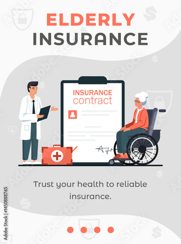 Elderly health insurance advertising banner. Old age guarantee. Handicapped senior life protection concept. Doctor with patient in wheelchair. Poster for mobile social media. Vector illustration.