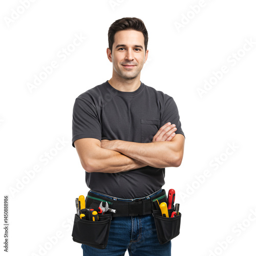 Confident Home Repairman With Tool Belt In Casual Attire Transparent Background