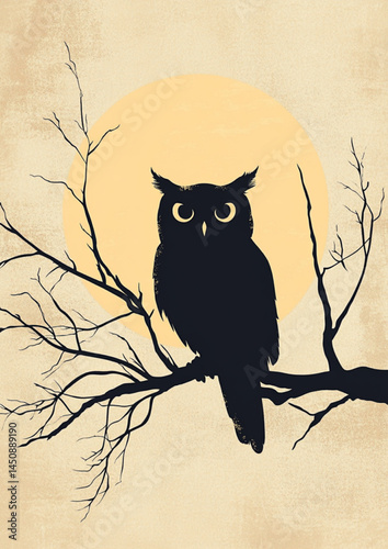 Owl silhouette on branch with moon background illustration nocturnal bird art print design 95