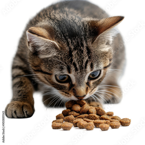 Curious cat eating kibble indoor setting close-up shot playful. Isolated on transparent background, png.